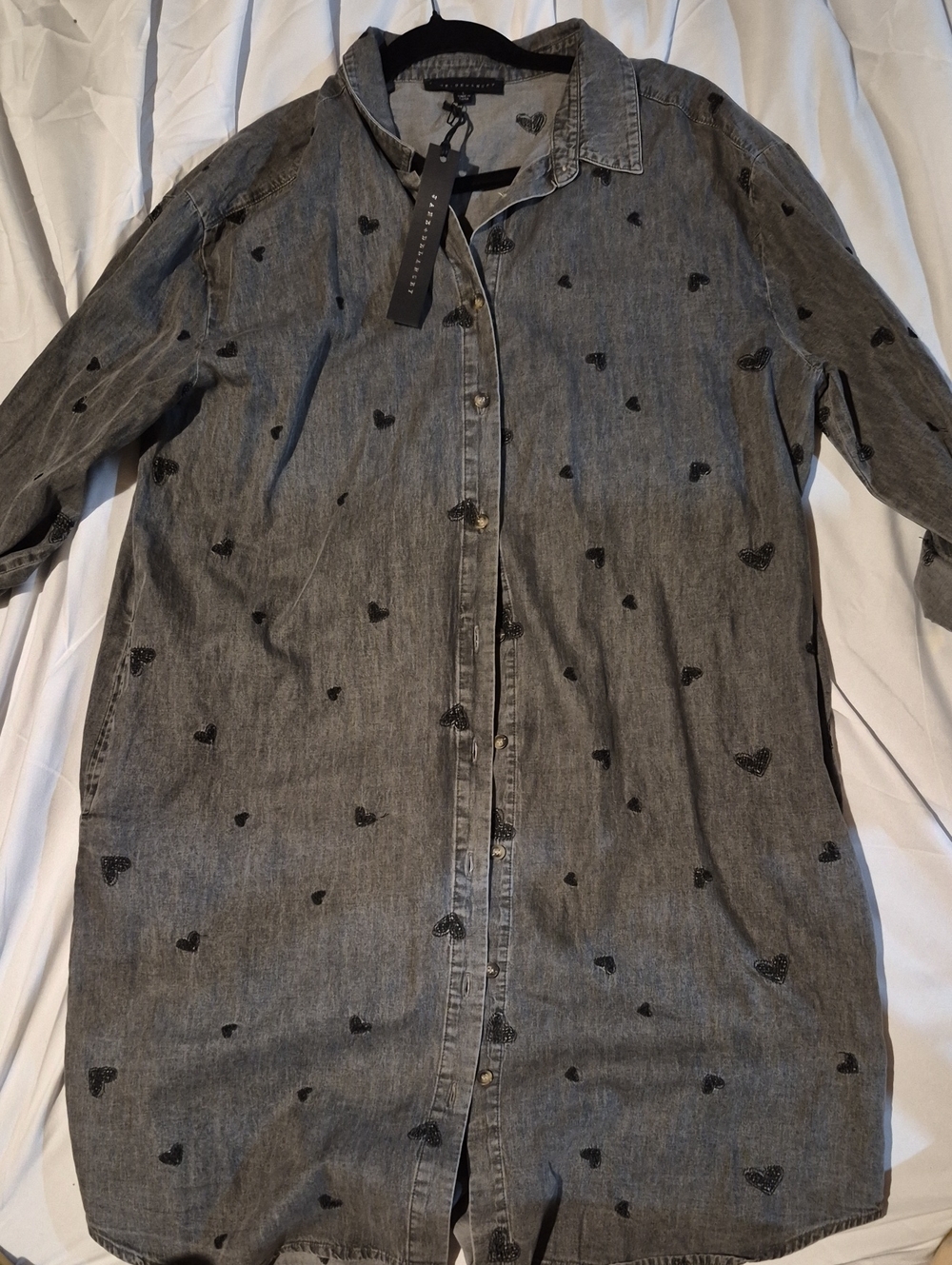Jane and Delancey Grey Denim Button-Down Shirt Dress with Black Heart Print